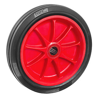 ein FETRA® Rad für Transportkarren mit schmaler schwarzer Vollgummibereifung, großer roter Kunststofffelge und Nabenloch auf weißem Hintergrund