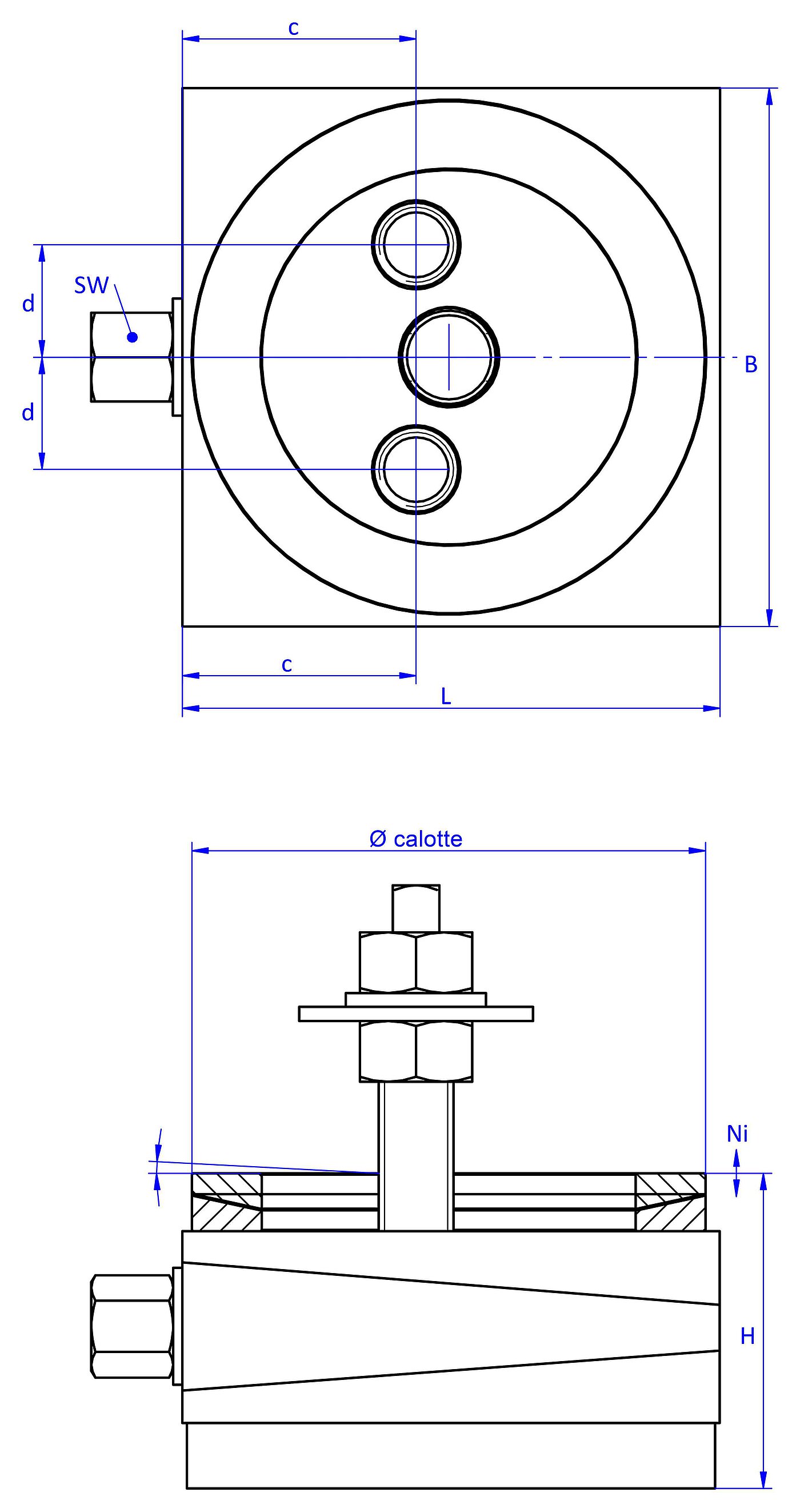 schematic drawing of a bolt-on action machine mount, in the view from the top with two holes in the top part and two threads in the bottom part, an angular compensation calotte consisting of two convex / concave metal rings on the top part and in the side view with a medium-thickness elastomer with smooth surface for passive vibration isolation at the bottom and a fastening screw fastened in the bottom part