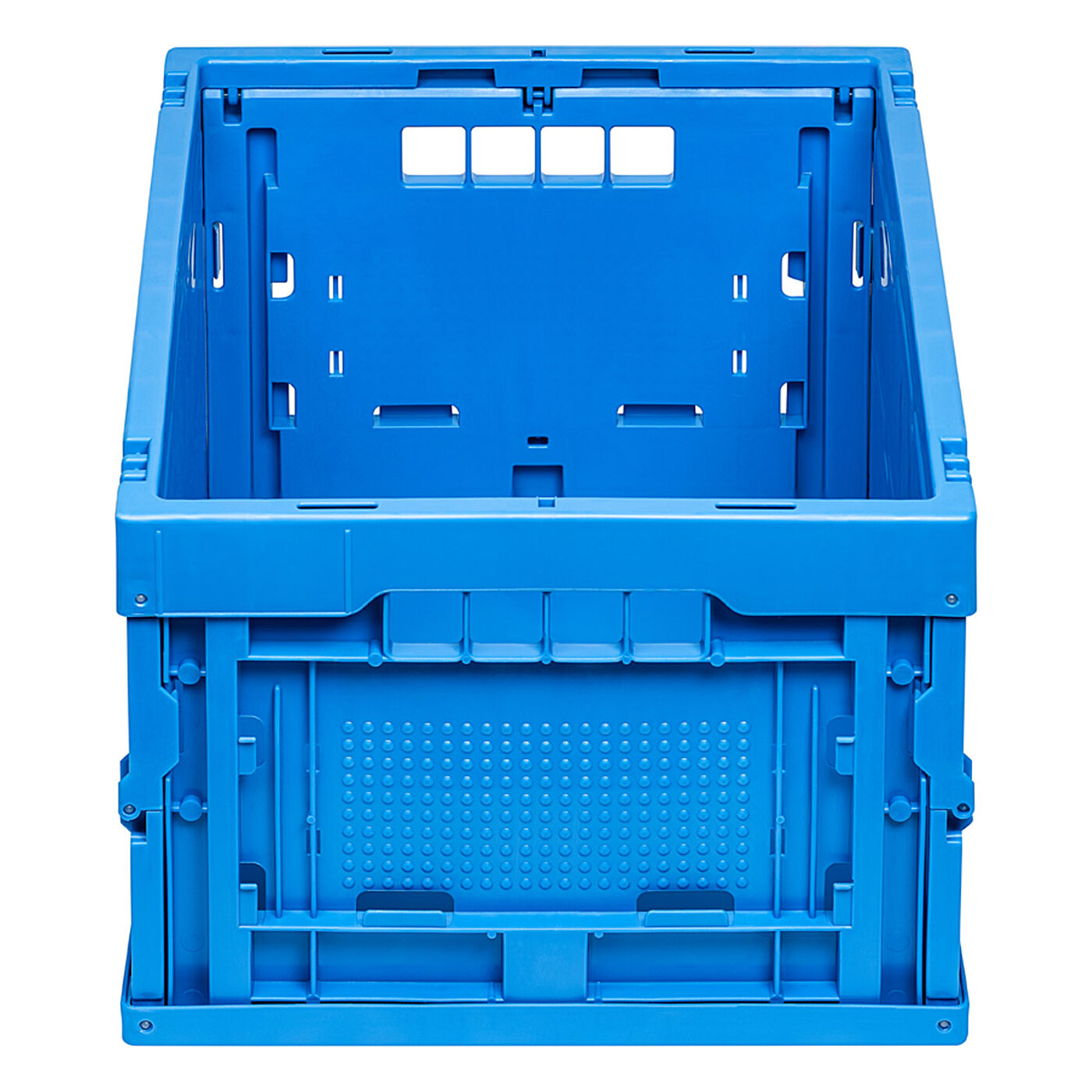 eine blaue Faltbox aus Kunststoff in Stirnseitenansicht, freigestellt auf weißem Hintergrund