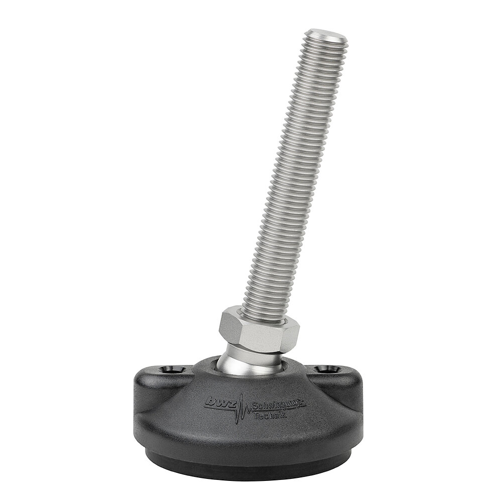 a round, upwards conically tapering machine foot made of black composite material with 80 mm diameter at the base, black elastomer NBR for non-slip protection at the bottom, two cusped elevations with boreholes for ground-fastening at the sides, and slightly to the right tilted stainless steel thread M16x100 mm in a pendulum-action hexagonal spanner flat ball joint, isolated on white background