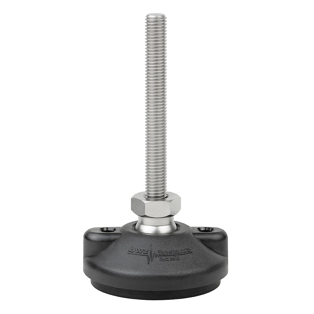 a round, upwards conically tapering machine foot made of black composite material with 80 mm diameter at the base, black elastomer NBR for non-slip protection at the bottom, two cusped elevations with boreholes for ground-fastening at the sides, and vertically upward facing stainless steel thread M12x100 mm in a pendulum-action hexagonal spanner flat ball joint, isolated on white background