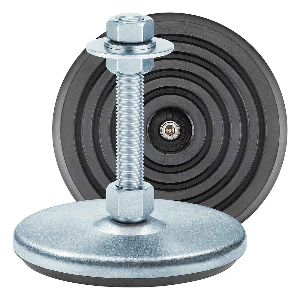 a machine foot made of bluish-shiny zinc-coated steel with 135 mm diameter at the base, thread M16x100 mm in a pendulum-action cap nut atop the base plate and additional flat-lay view of the black elastomer NBR with concentric non-slip protection profile underneath the base plate, isolated on white background