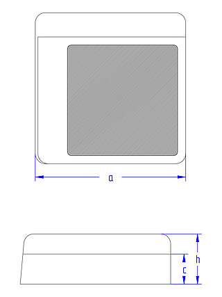 schematische Zeichnung eines quadratischen Elastomer-Formstückes in der Draufsicht mit einem erhöhten Steg auf einer Seite und feinen parallelen Profilrillen auf der Oberfläche