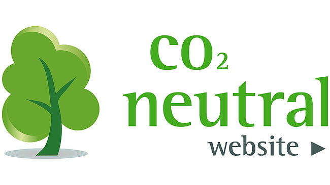 a rectangular logo with the text message 'CO2-neutral website' in green letters, featuring a stylized green tree that symbolizes growth and green friendliness, all depicted on white background
