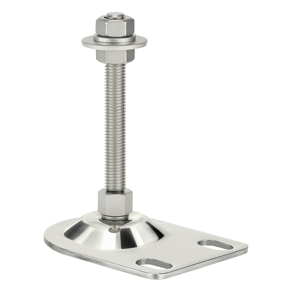 an elongated machine foot made of shiny stainless steel with oblong holes for floor-fastening and thread M12 x 100 mm in a pendulum-action cap nut, isolated on white background