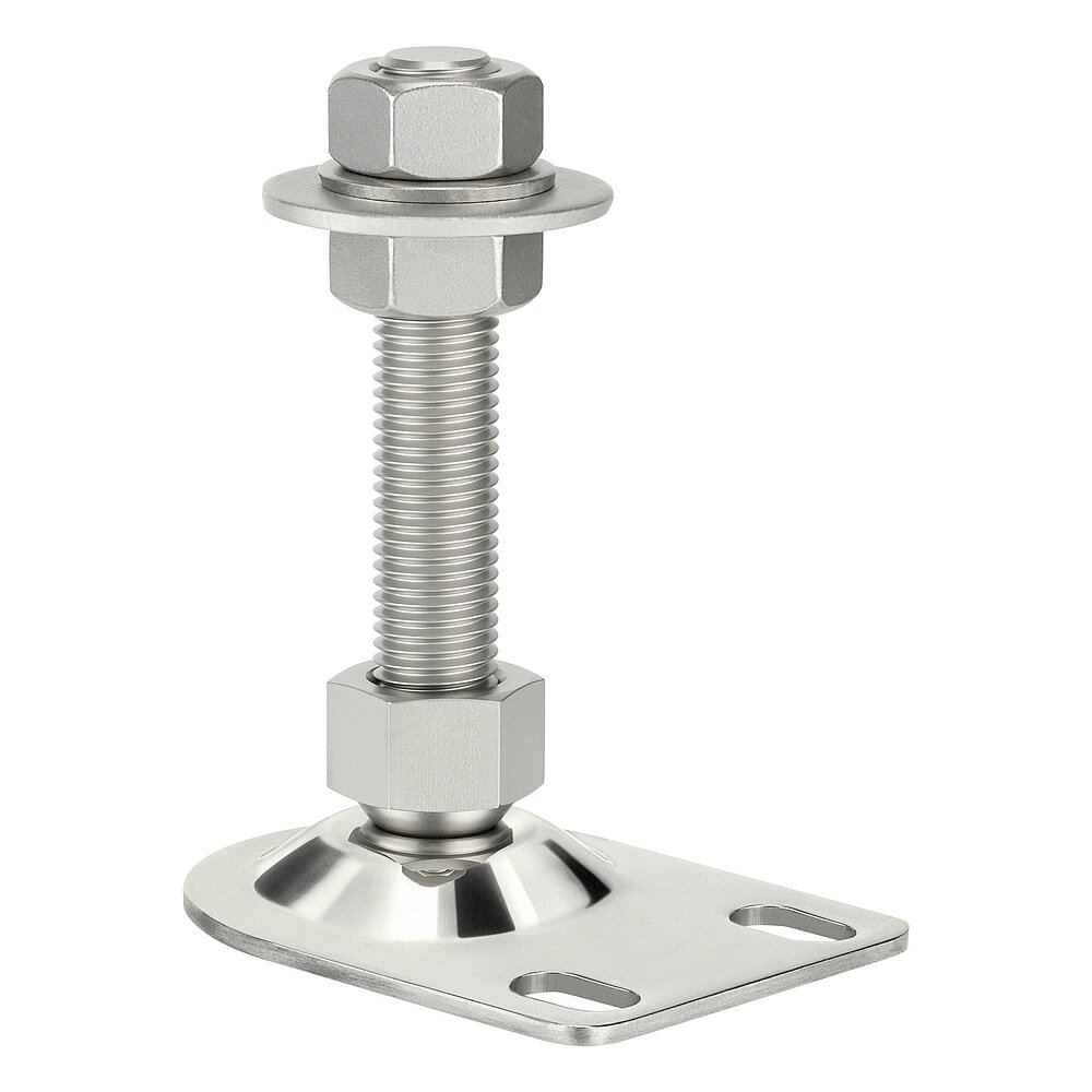 an elongated machine foot made of shiny stainless steel with oblong holes for floor-fastening and thread M20 x 100 mm in a pendulum-action cap nut, isolated on white background