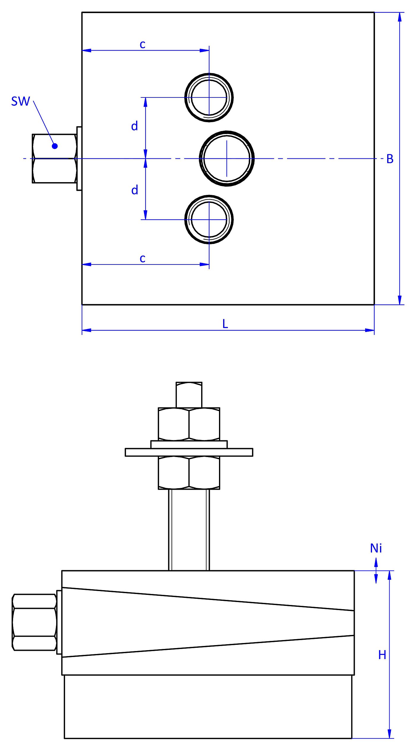 schematische Zeichnung eines anschraubbaren Maschinenschuhs, in der Draufsicht mit zwei Durchgangslöchern im Oberteil und zwei Gewindebohrungen im Unterteil, und in der Seitenansicht mit dickem Elastomer mit Profilierung zur Schwingungsisolierung unten sowie einer im Unterteil verschraubten Befestigungsschraube