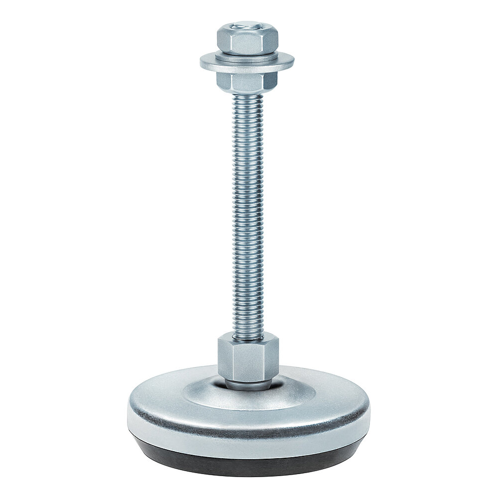 a machine foot made of bluish-shiny zinc-coated steel with 76 mm diameter at the base, thread M10x100 mm in a pendulum-action cap nut atop the base plate and black elastomer NBR underneath the base plate, isolated on white background