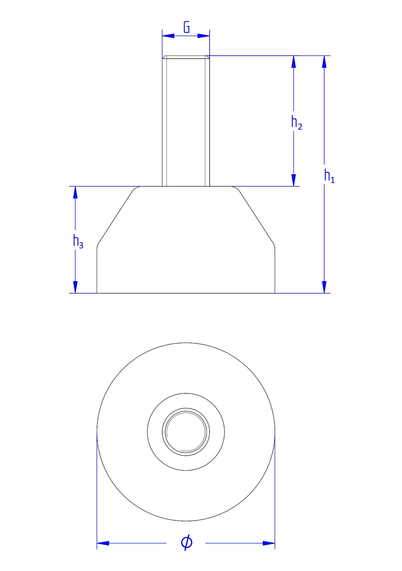 schematische Zeichnung eines runden einschraubbaren Gerätefußes mit 30 mm Durchmesser und fest eingebetteter Nivellierschraube in der Seitenansicht und in der Draufsicht