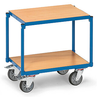 ein blauer FETRA® Rollwagen mit zwei Etagen für Eurokästen auf weißem Hintergrund