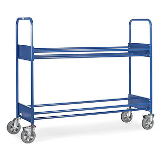 ein langer blauer zweigeschoßiger FETRA® Reifenwagen aus Stahlrohr mit 4 Lenkrollen, davon 2 feststellbar, auf weißem Hintergrund