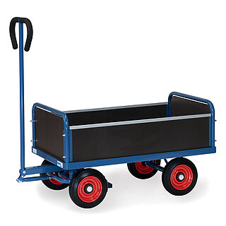 ein blauer 2-achsiger FETRA® Handwagen mit Lenkdeichsel, 4 dunklen Seitenwänden und Vollgummi-Bereifung auf weißem Hintergrund