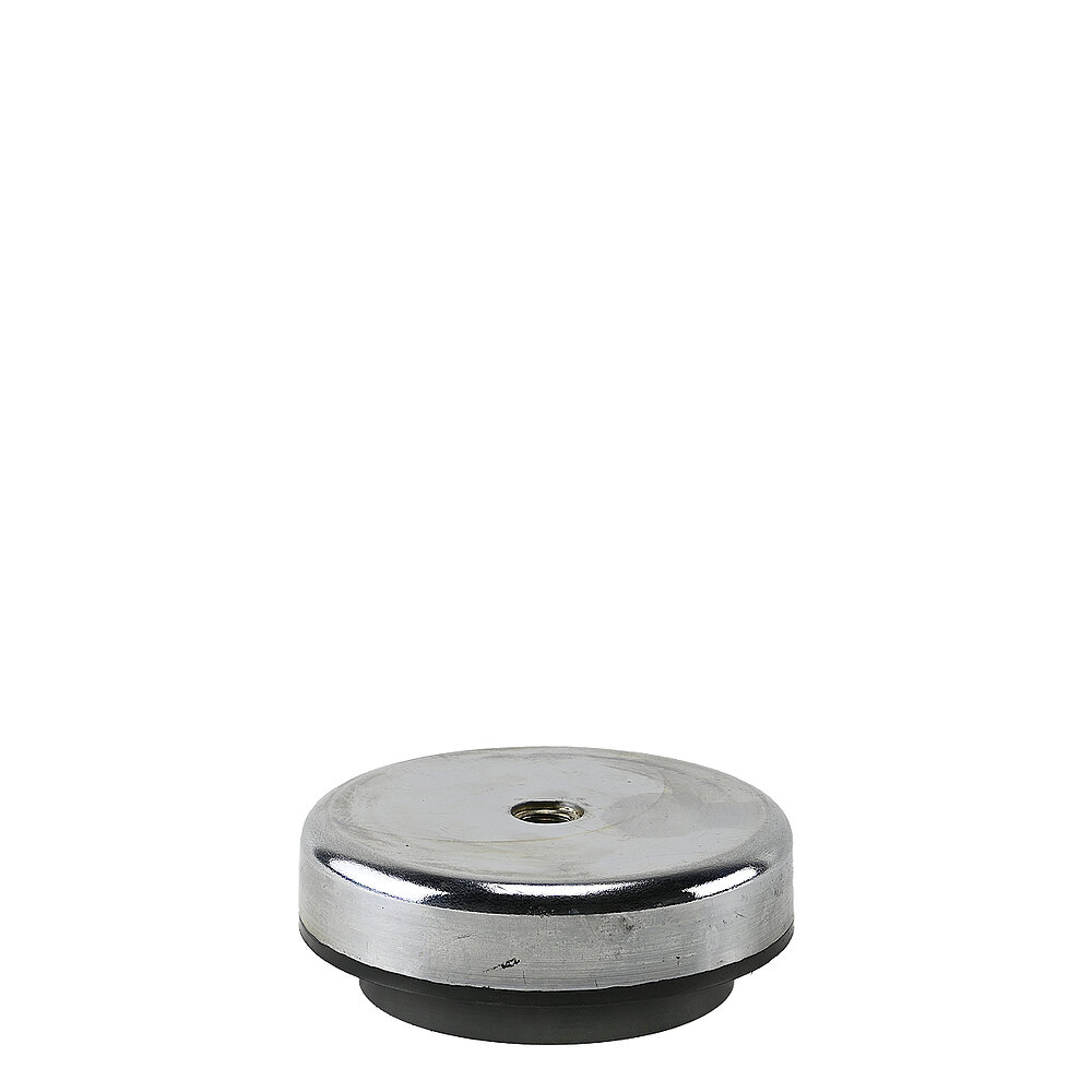 a round vibration damper with 100 mm diameter, matte-shiny zinc-galvanized metal surface, black vulcanized elastomer at the bottom and central inner thread for levelling screw M12, isolated on white background