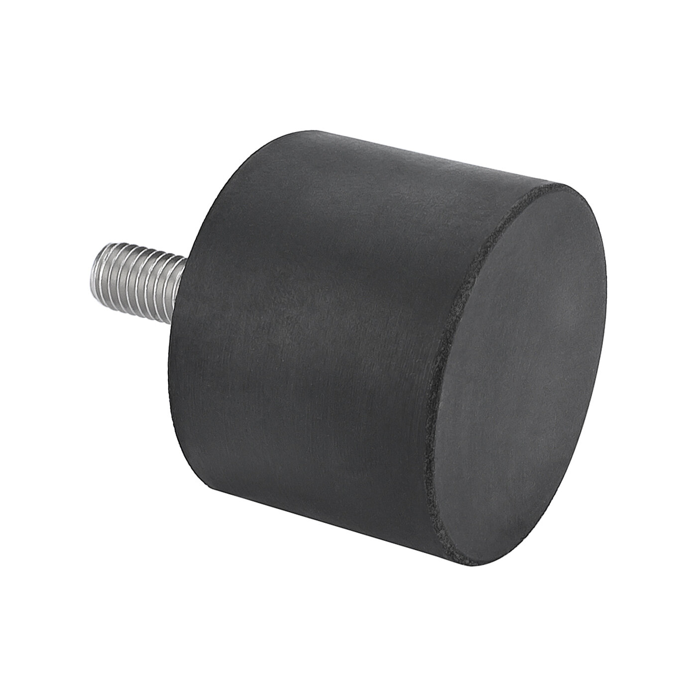 a rubber-metal bearing with outer thread on one side and a black, cylindrical elastomer corpus, isolated on white background
