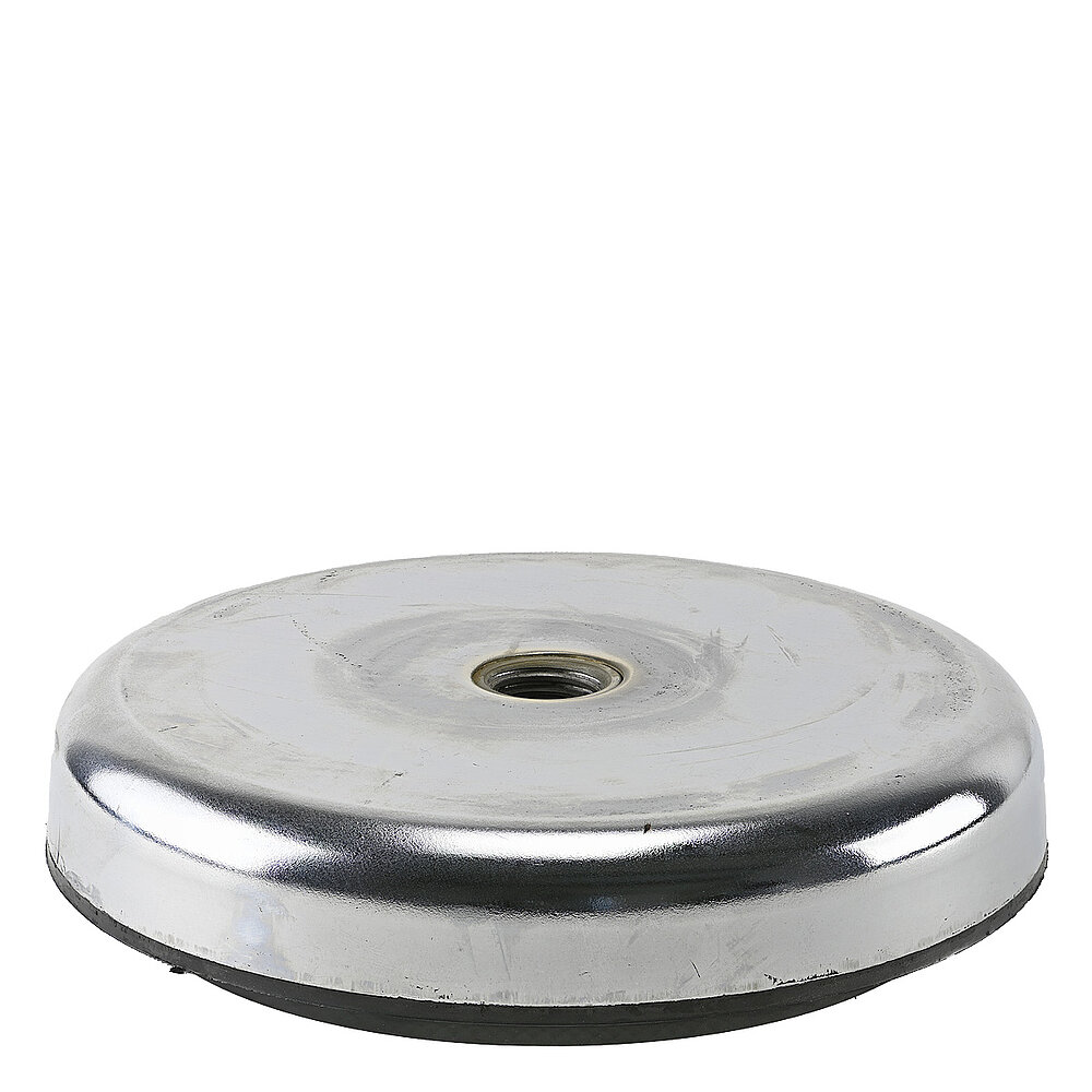 a round vibration damper with 200 mm diameter, matte-shiny zinc-galvanized metal surface, black vulcanized elastomer at the bottom and central inner thread for levelling screw M20, isolated on white background
