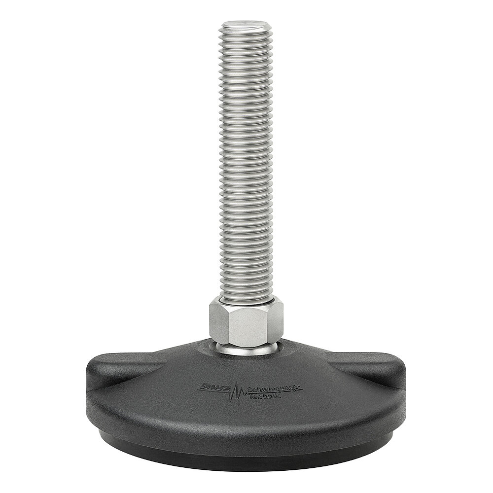 a round, upwards conically tapering machine foot made of black composite material with 120 mm diameter at the base, black elastomer NBR for non-slip protection at the bottom and vertically upward facing stainless steel thread M20x100 mm in a pendulum-action hexagonal spanner flat ball joint, isolated on white background