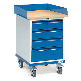 ein blauer FETRA® Rollschrank mit 4 Schubladen und Abrollrand oben auf weißem Hintergrund