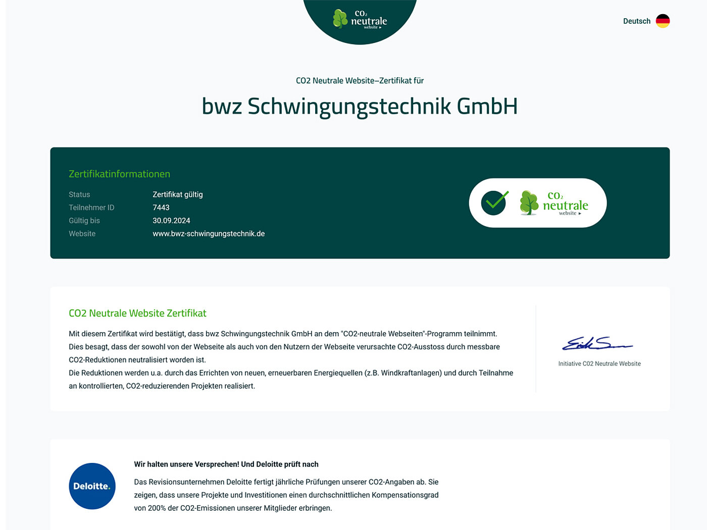 Screenshot des Zertifikates, welches bestätigt, dass die Webseite von bwz Schwingungstechnik CO2-neutral ist durch die Mitgliedschaft in der Klimainitiative 'CO2-neutrale Website', alles farblich in weiß und grün gehalten 
