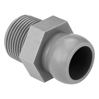 a plastik-made light-grey threaded nipple of the Aqua-Loc modular coolant hose series, with 3/4" thread at the rear, a hexagonal in the middle and ballhead hinge at the front for conducting cutting coolant liquids, isolated on white background