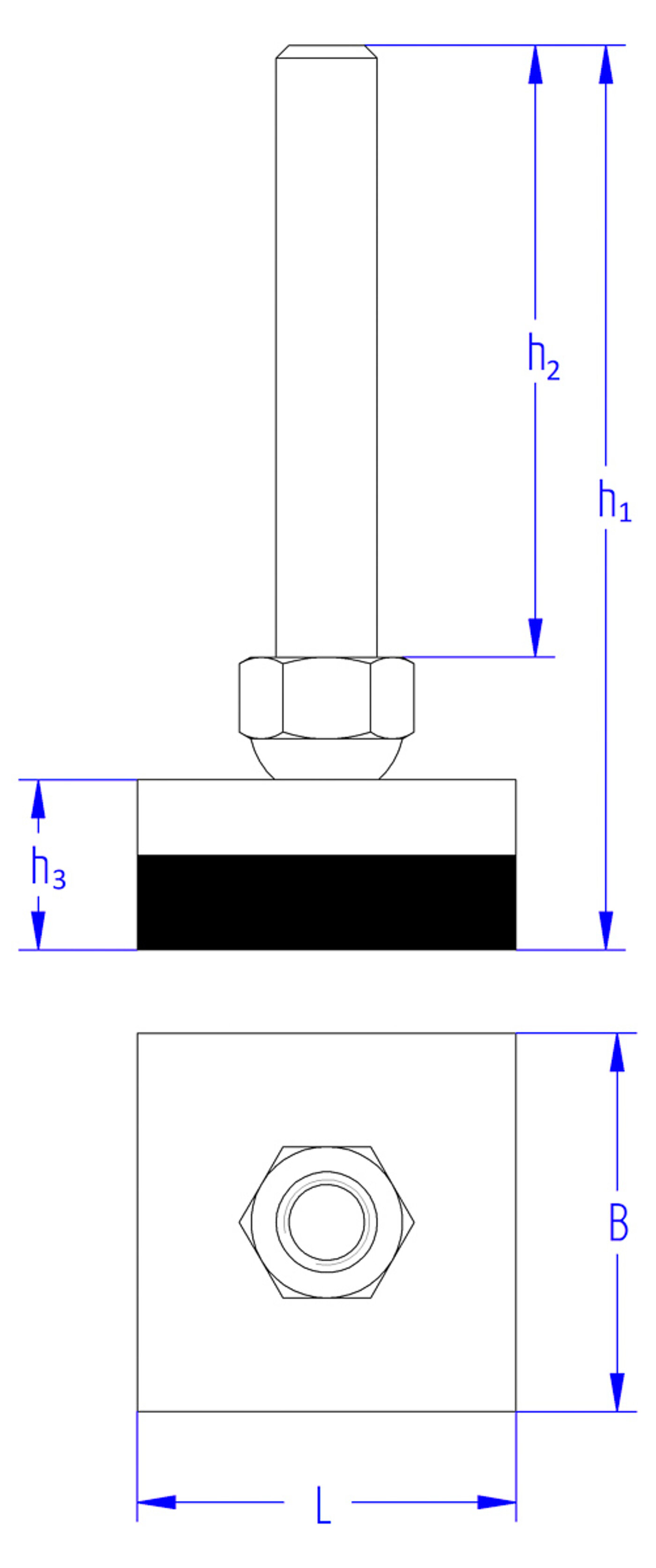 schematische Zeichnung eines quadratischen Maschinenfußes, bestehend aus einer Stahlplatte mit darüberliegendem Gewinde in pendelnder Sechskant-Hutmutter und darunterliegendem Elastomer für Schwingungsdämpfung, in der Seitenansicht und in der Draufsicht