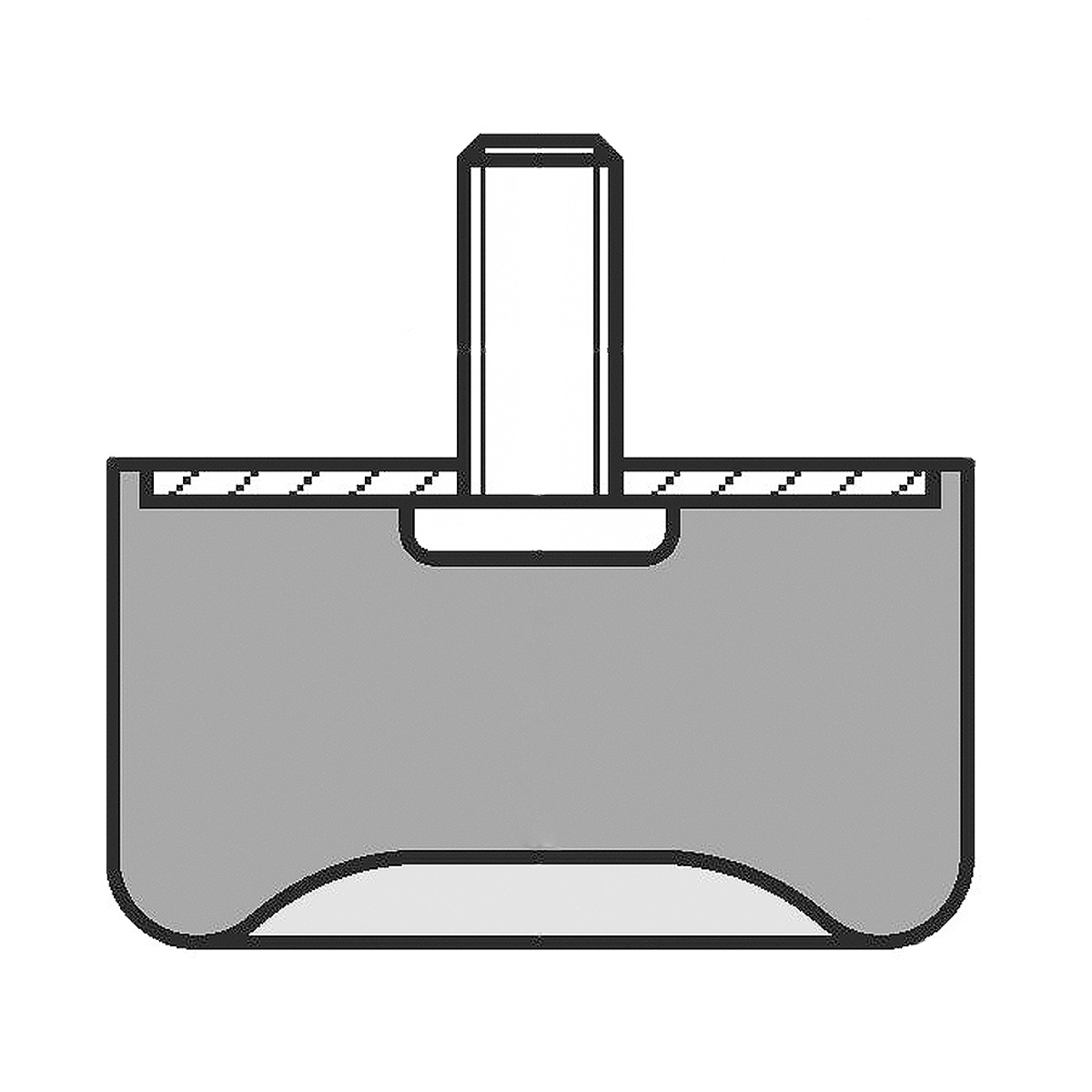 Zeichnung eines Gummi-Metall-Elementes mit einseitigem Außengewinde und zylindrischem Elastomerkorpus mit Saugvertiefung auf weißem Hintergrund