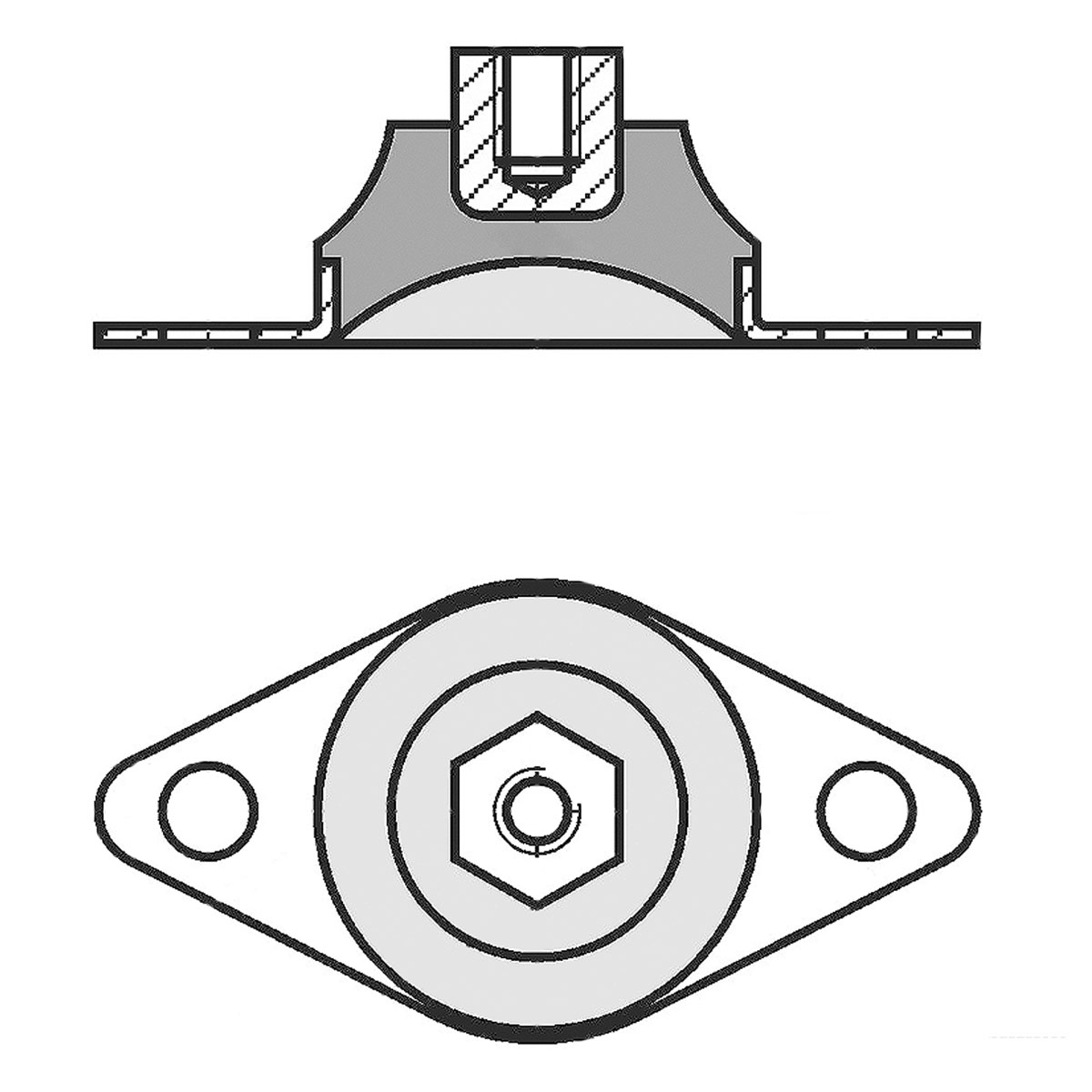 Zeichnung eines Gummi-Metall-Hutelementes mit Bodenplatte, Gewindeeinsatz und dazwischenliegendem Elastomerkorpus auf weißem Hintergrund