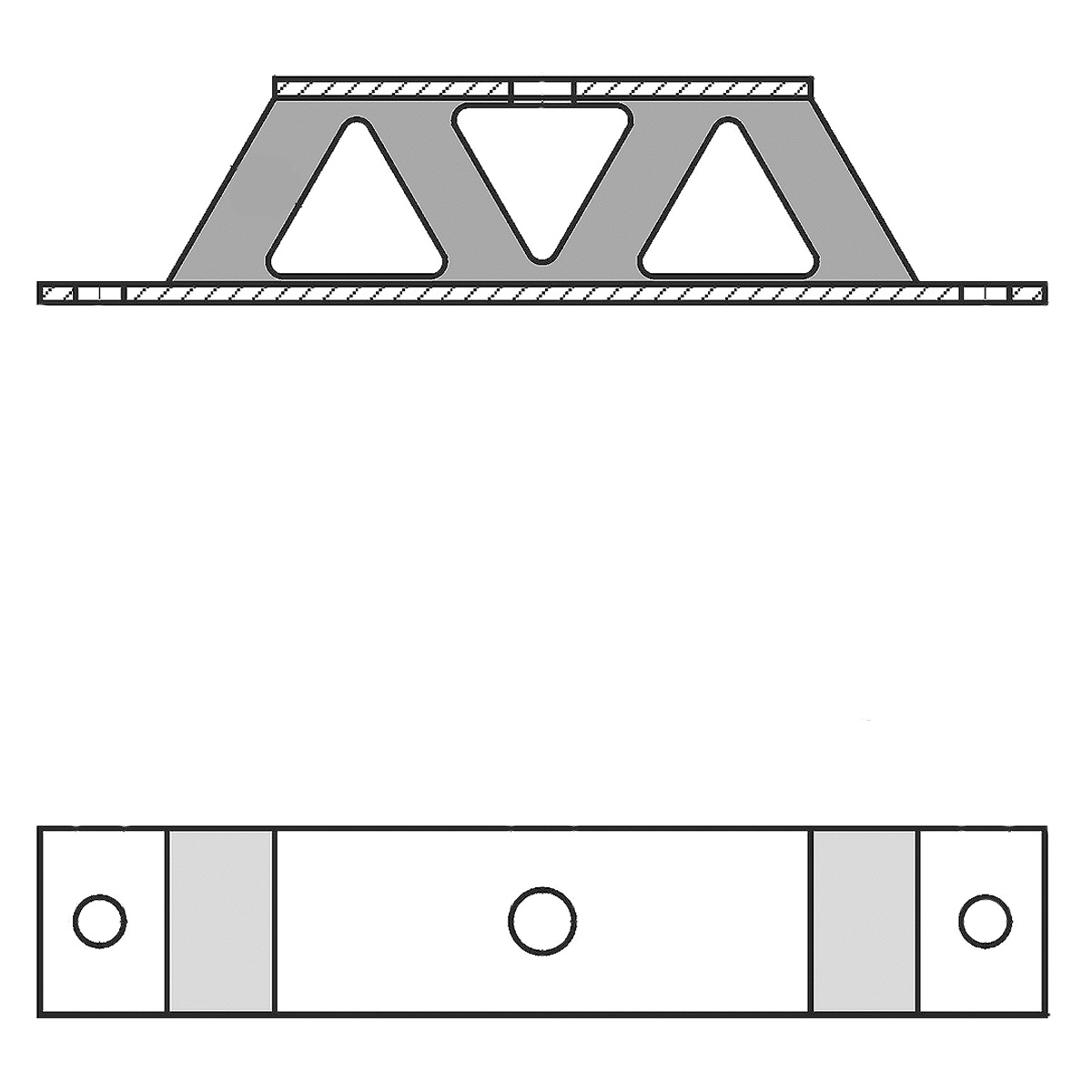 Zeichnung eines Gummi-Metall-Geräteelementes mit Bodenplatte, Trägerplatte und dazwischenliegendem w-förmigen Elastomerkorpus auf weißem Hintergrund