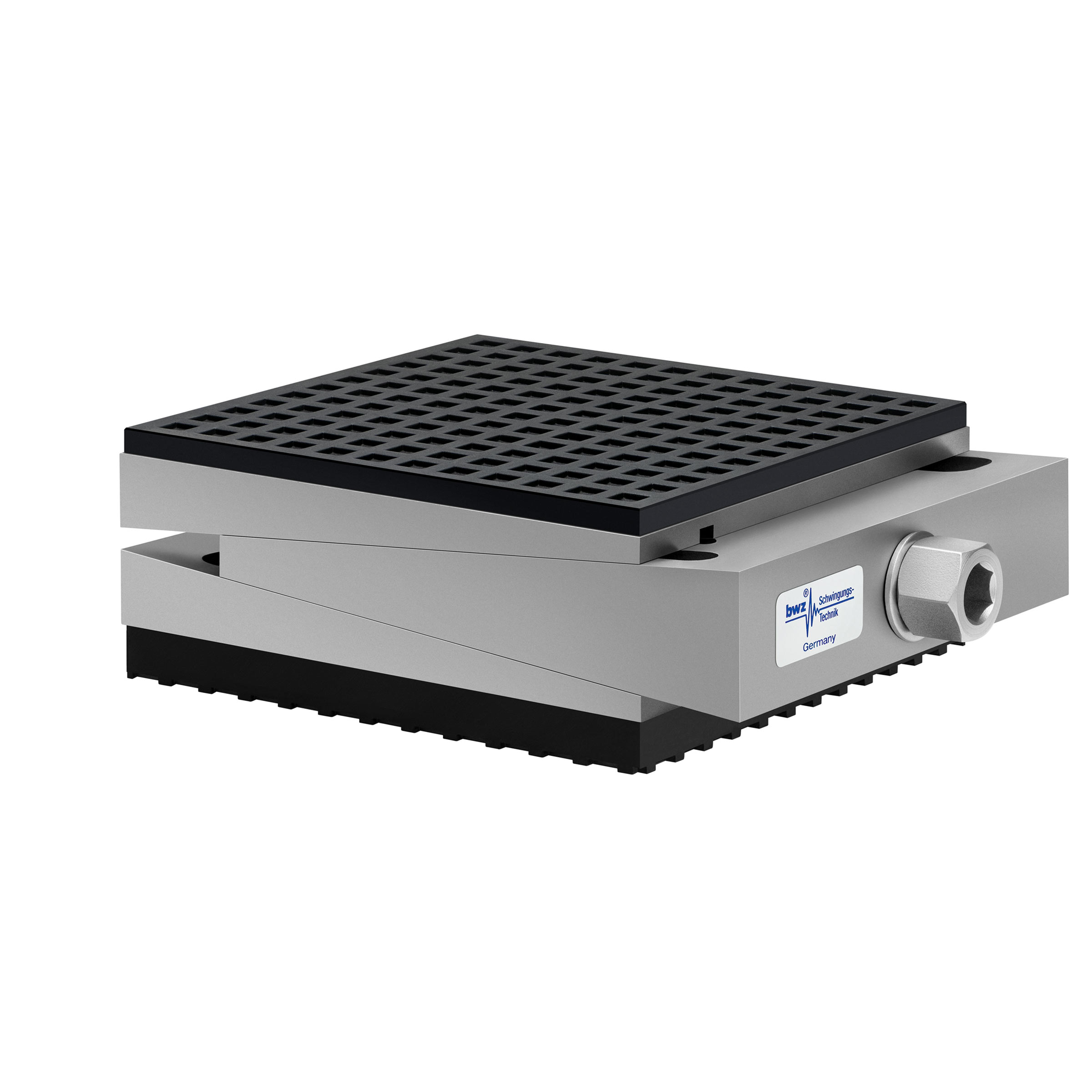 a square, height-adjustable machine mount made of precision-milled metal, adjusted in minimum height position, consisting of top, middle and bottom part lacquered in silver colour, with the wedge-shaped middle part featuring a protruding centered hexagonal screw for height adjustment, a medium-thick black elastomer with structured surface for vibration damping at the bottom and a thinner black elastomer with structured surface at the top for non-slip protection, isolated on white background